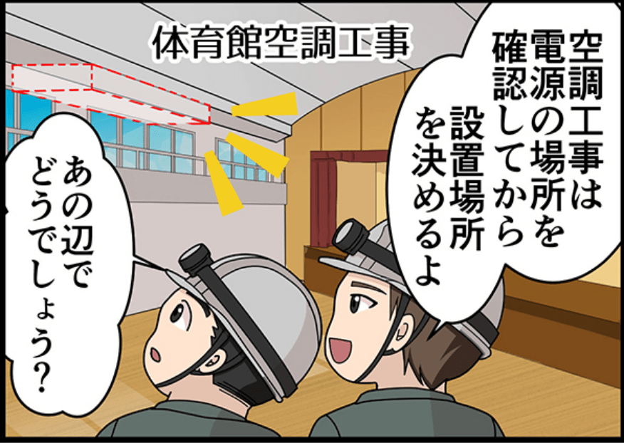 空調工事は電源の場所を確認してから設置場所を決めるよ あの辺でどうでしょう?